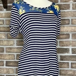 Emi & Joe Size XL blue and white striped blouse with yellow floral sheer accent